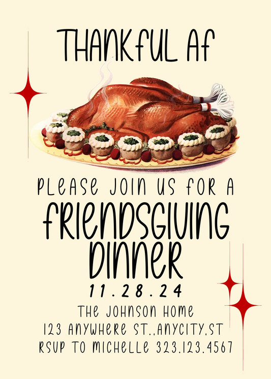 Thankful AF Vintage Thanksgiving/Friendsgiving Invitation & Menu - Digital Printable