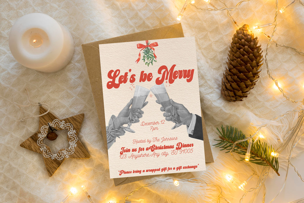 Lets Be Merry Vintage Dinner Party (WM Version) - Digital Download Invite, Menu, & Place Cards
