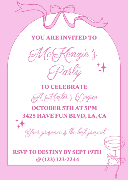 Pink Champagne Bows & Arches Invitation and Menu - Digital Printable