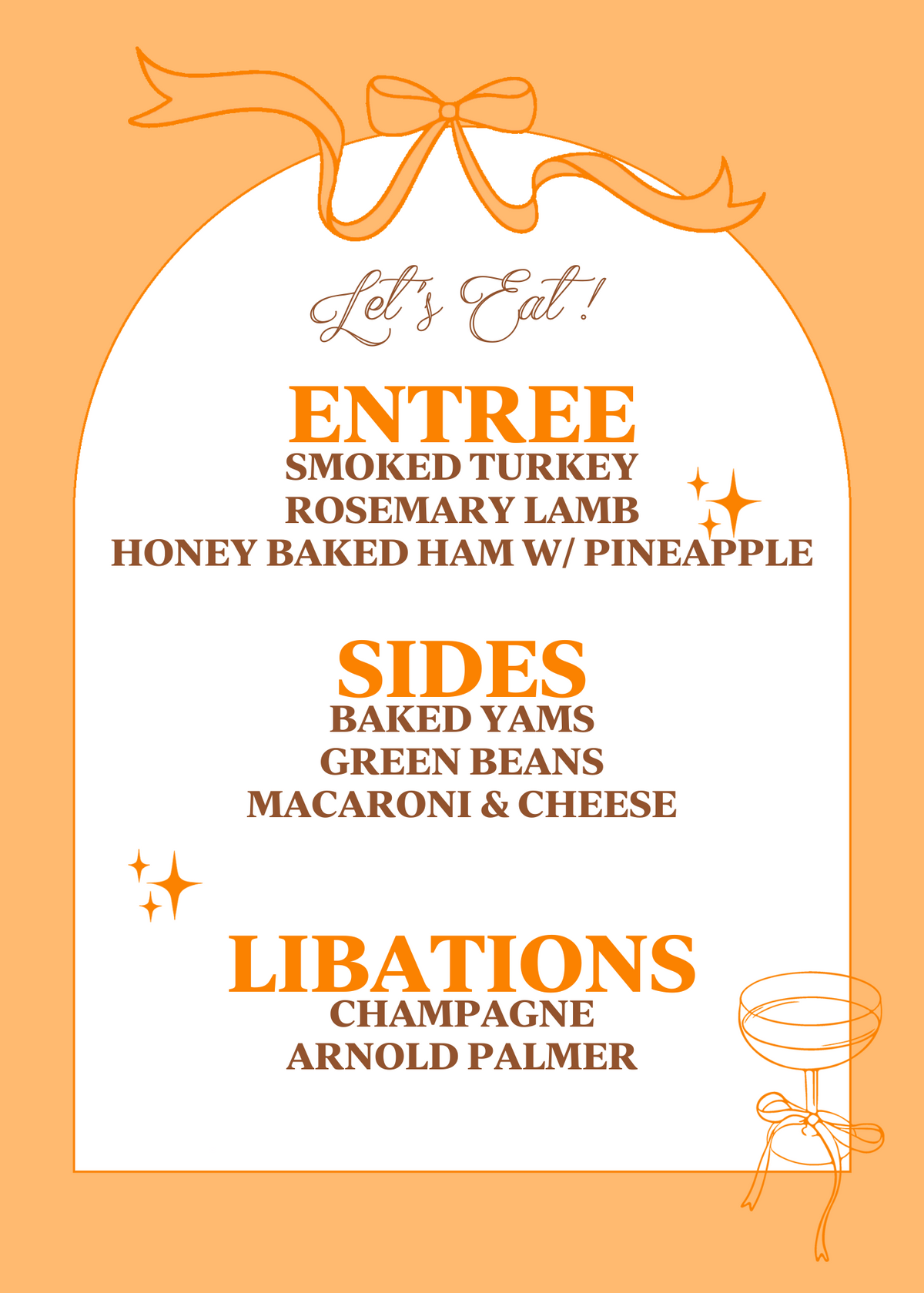Orange Champagne Bows & Arches Invitation and Menu - Digital Printable