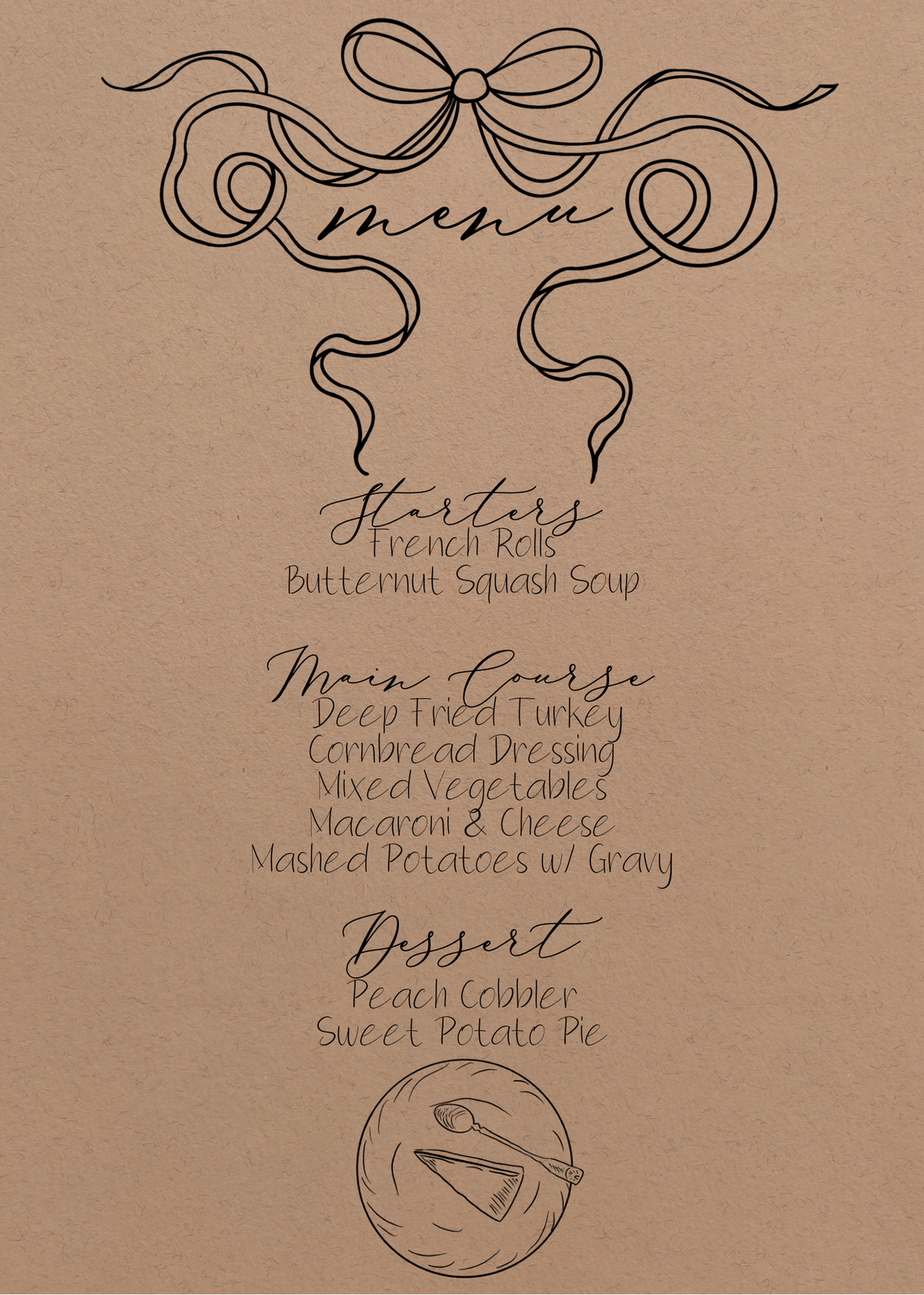 Thanksgiving Pie with Bow Invitation & Menu - Digital & Printable