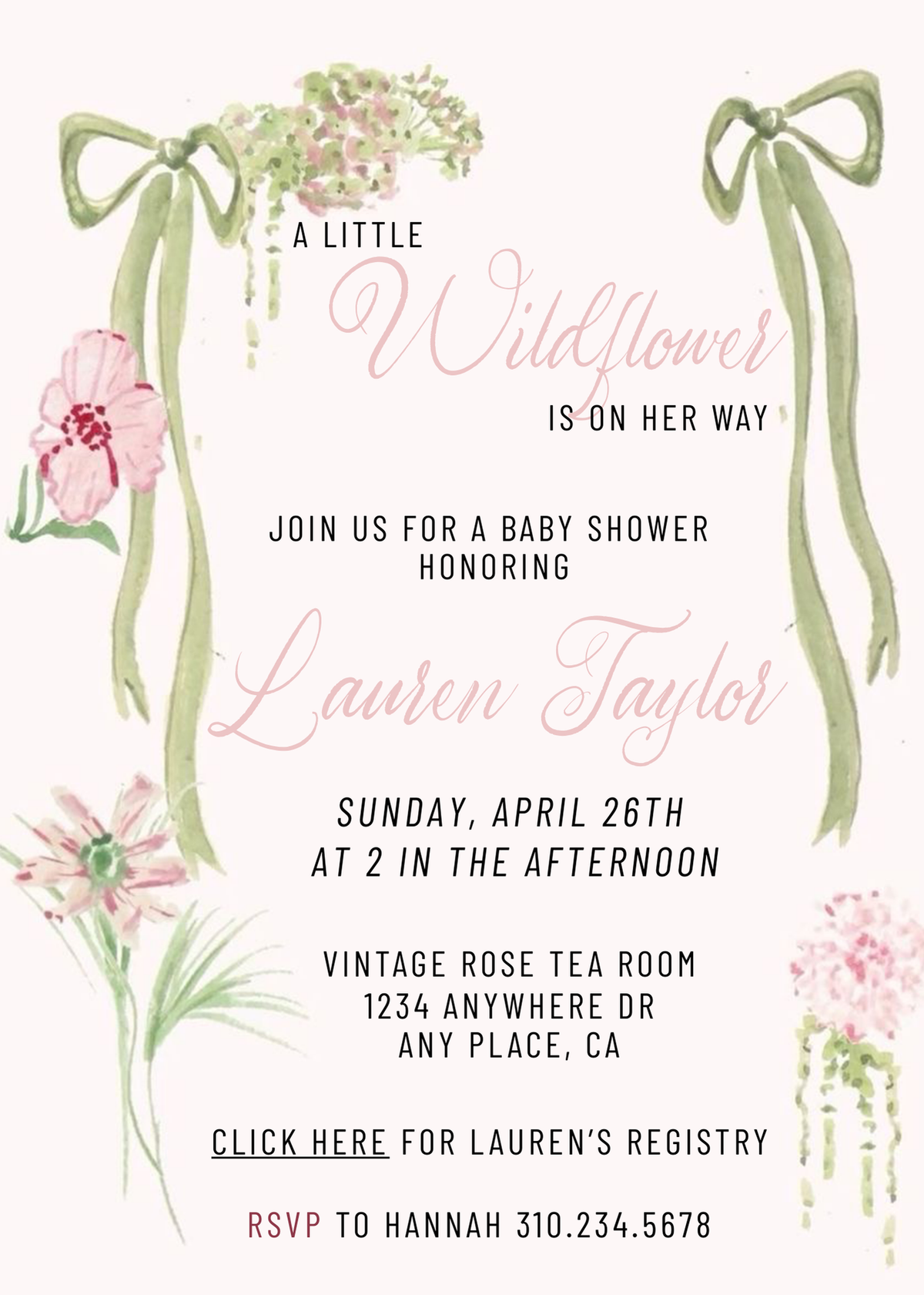 Wildflower Ribbon Green and Pink Invitation Template - Phone & Print Template