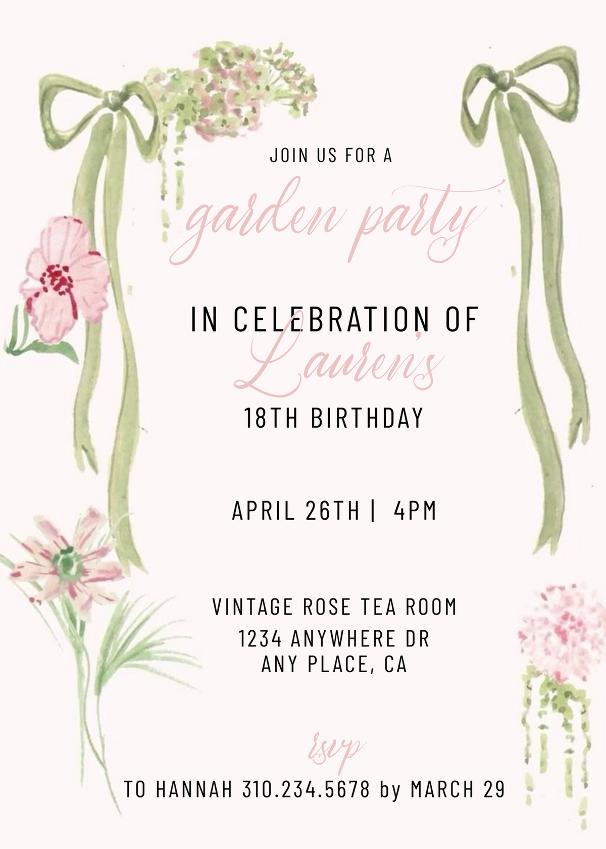 Wildflower Ribbon Green and Pink Invitation Template - Phone & Print Template