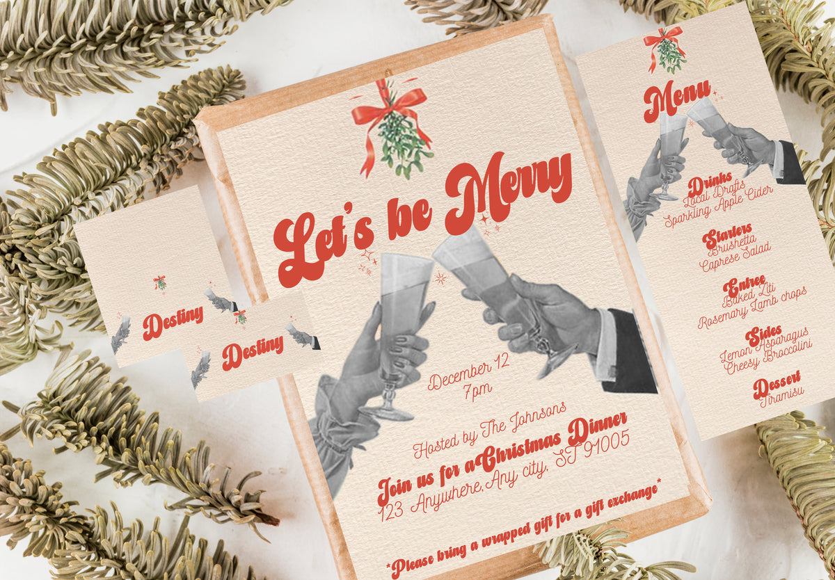 Lets Be Merry Vintage Dinner Party (WM Version) - Digital Download Invite, Menu, & Place Cards