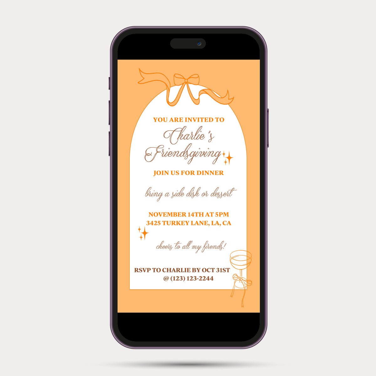 Orange Champagne Bows & Arches Invitation and Menu - Digital Printable