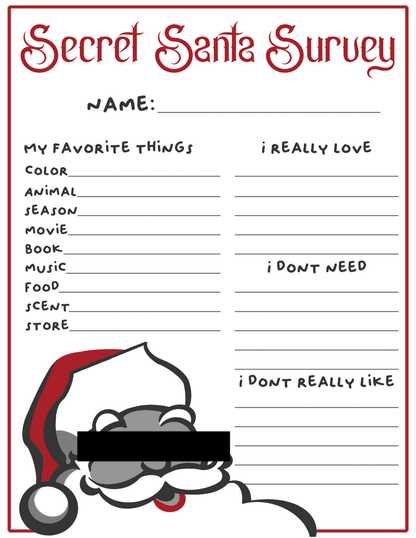 Secret Santa Questionnaire - Digital Questionnaire Printable